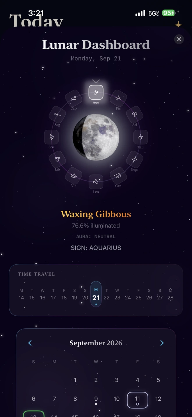 Karmik Lunar Dashboard with moon phase, zodiac wheel, and illumination