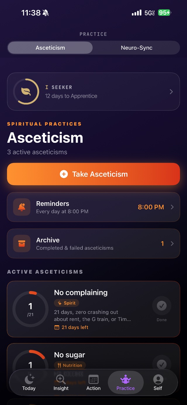 KarmaKnot practices screen with active commitments and reminders